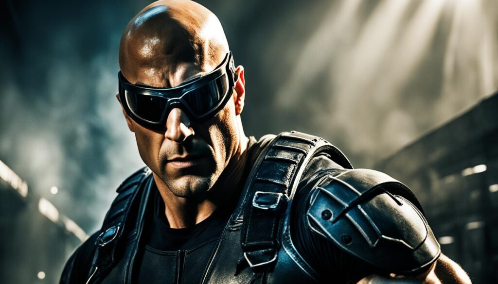 Riddick's iconic appearance with signature goggles and shaved head