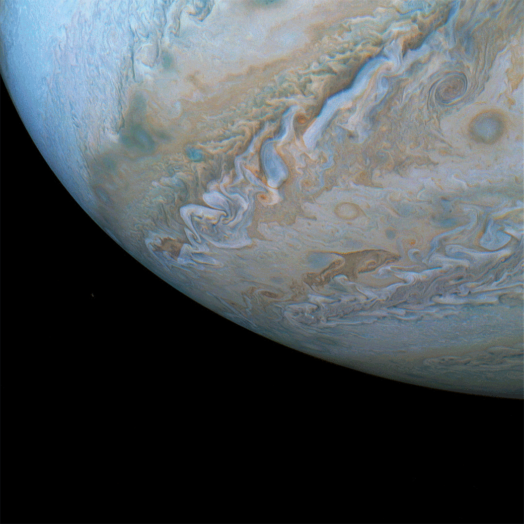 This series of images from NASA's Juno spacecraft captures changing cloud formations across Jupiter's southern hemisphere. NASA finds Dolphine on Jupiter space exploration