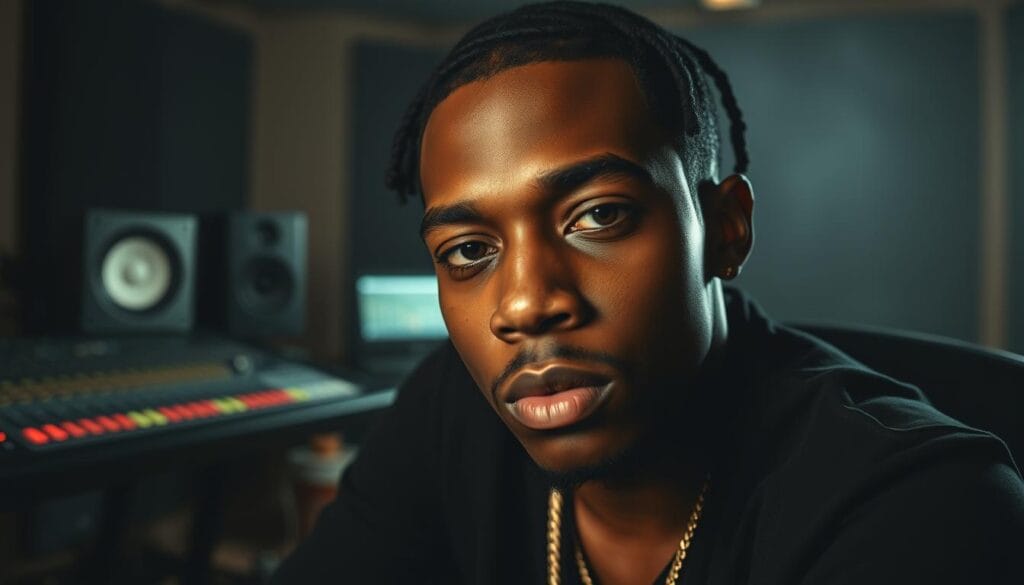 A high-contrast portrait of the young Atlanta rapper Young Scooter, sitting in a recording studio with a focused, contemplative expression. The foreground features Scooter's face in sharp detail, with dramatic lighting sculpting his features. In the middle ground, a mixing console and other studio equipment create a moody, atmospheric environment. The background is softly blurred, hinting at the creative energy and musical legacy Scooter left behind. The overall tone is one of reverence and melancholic reflection, capturing the essence of Scooter's outsized impact on the hip-hop community.