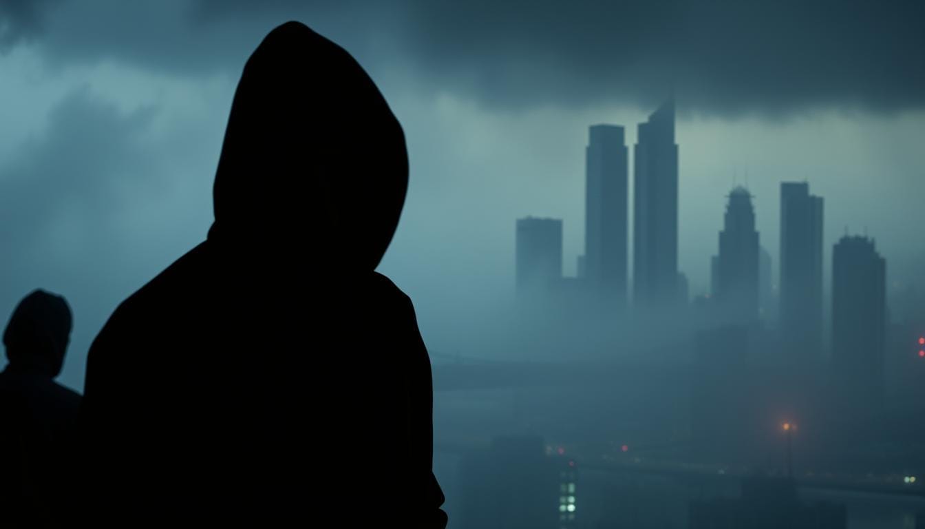 A dimly lit, ominous scene depicting the intersection of mental health risks and dark triad behaviors. In the foreground, a shadowy figure emerges, their face obscured by a sinister mask, symbolizing the concealed nature of these dangerous traits. The middle ground is shrouded in a hazy, unsettling atmosphere, with subtle hints of societal disconnection and isolation. In the background, a cityscape looms, its skyscrapers casting foreboding shadows, representing the broader societal influences that can contribute to the development of these complex issues. The overall mood is one of unease, vulnerability, and the need for greater understanding and support surrounding mental health and its relationship to harmful ideologies. Incel Debate: Navigating the Red Pill Blue Pill Ideology