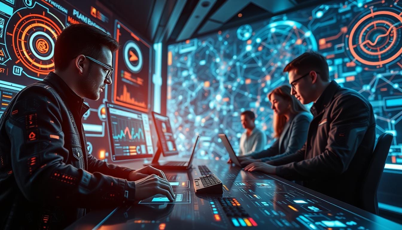 A futuristic control panel with glowing holographic displays, intricate data visualizations, and advanced AI algorithms in the foreground. In the middle ground, a team of analysts and engineers collaboratively refining search engine optimization strategies, their faces illuminated by the digital interfaces. The background showcases a vast, interconnected network of information, pulsing with data streams and insights. Cinematic lighting creates a sense of depth and emphasizes the high-tech, forward-thinking atmosphere. The overall scene conveys the concept of cutting-edge, AI-driven search engine optimization, with a focus on data-driven decision making and collaborative problem-solving. Mastering SEO in the Age of AI-Driven Google Search