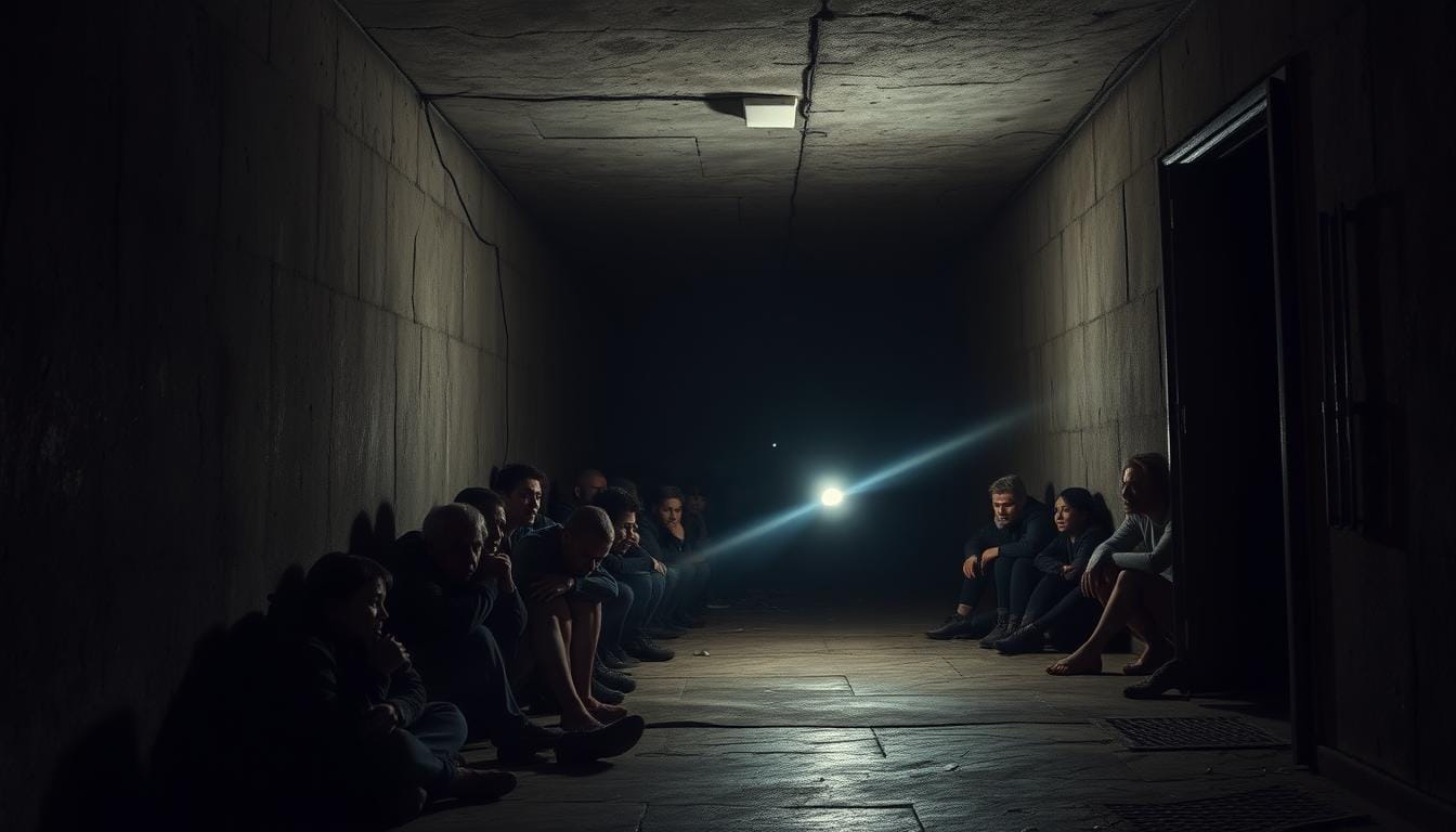 A dimly lit, cavernous underground shelter, with thick concrete walls and a heavy metal door. The air is thick with tension and the faint sound of muffled cries. In the foreground, a group of huddled figures, faces etched with fear and uncertainty, seek solace in the confined space. Flickering emergency lights cast an eerie glow, casting long shadows that dance across the shelter's worn floor. The background is shrouded in darkness, hinting at the chaos and destruction raging above ground. The overall atmosphere is one of desperation and helplessness, reflecting the tragedy unfolding in the wake of the devastating tornado. Devastating Missouri Tornado: Latest Updates severe weather