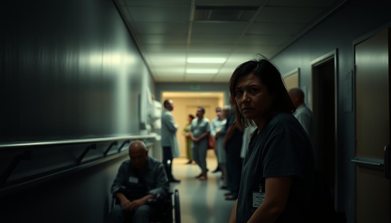 A dimly lit hospital hallway, the walls a muted shade of gray. In the foreground, a weary patient sits in a wheelchair, their face etched with concern. Nearby, a healthcare worker stands, their expression a mixture of empathy and uncertainty. The middle ground reveals a line of patients waiting, their body language conveying the strain of the situation. In the background, medical equipment and supply cabinets loom, casting long shadows that add to the somber atmosphere. The lighting is subdued, with a warm, muted tone that heightens the sense of unease. This scene captures the tangible impact of Medicaid policy changes on both recipients and healthcare providers, a visual representation of the challenges they face. $1 Trillion in Medicaid and Food Stamp Cuts Proposed by Lawmakers