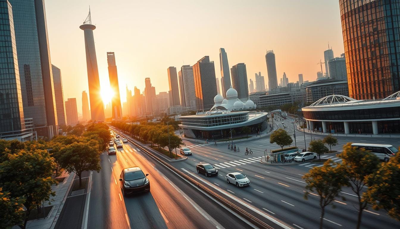 A futuristic cityscape with towering glass-and-steel skyscrapers, bathed in a warm golden glow of sunset. In the foreground, a sleek electric vehicle accelerates down a wide, tree-lined boulevard, its energy-efficient motors and aerodynamic design cutting through the urban landscape. In the middle ground, a bustling intersection showcases a diverse array of electric cars, scooters, and autonomous shuttles, seamlessly navigating the city's traffic. The background is filled with dense clusters of charging stations, renewable energy plants, and smart mobility hubs, reflecting the rapid growth and adoption of sustainable transportation technologies. The scene conveys a sense of progress, efficiency, and environmental consciousness, capturing the essence of the "Transportation Revolution" in the electric and autonomous vehicle era. Top Stories may 3rd 2025