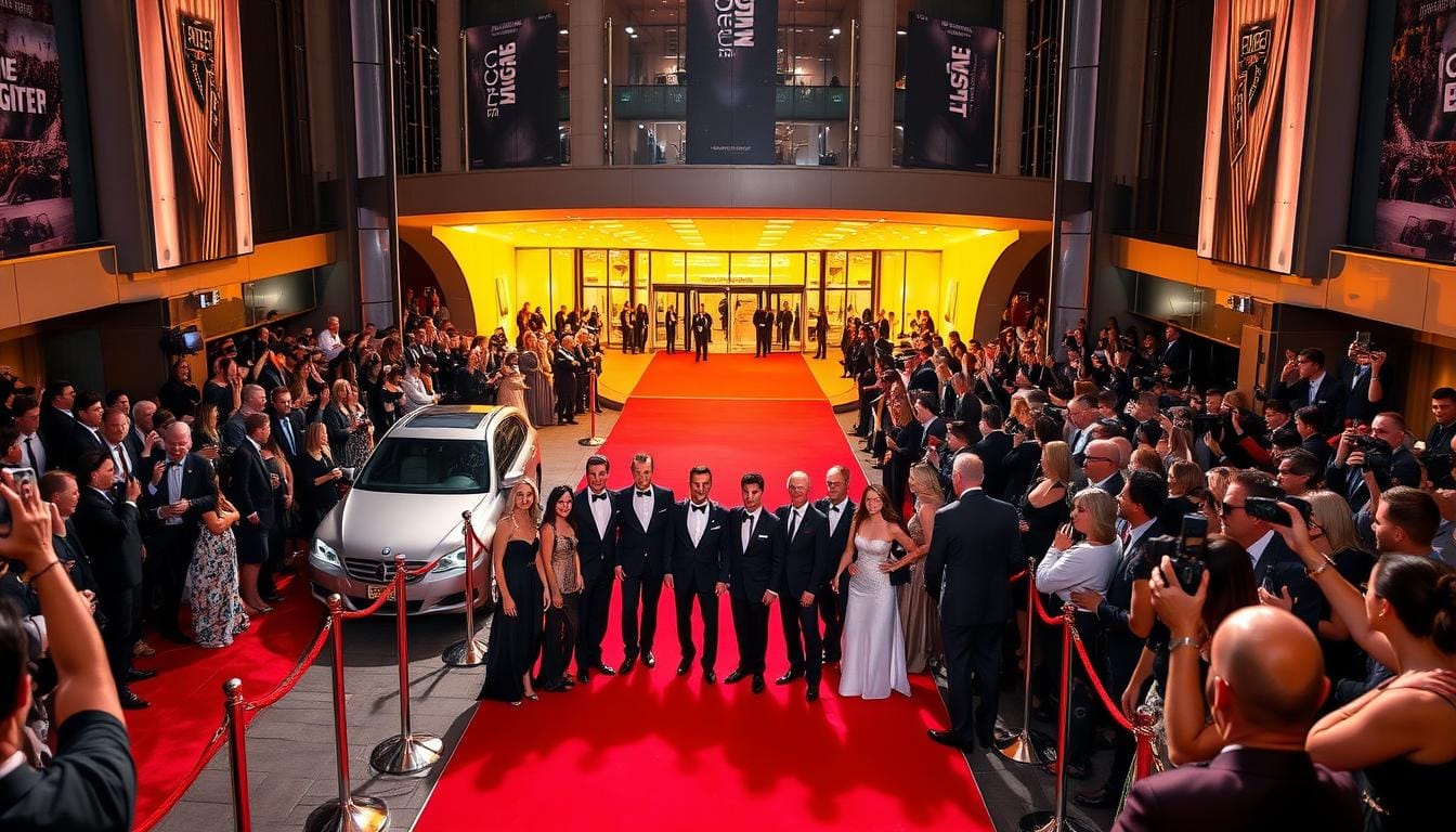 A glamorous red carpet stretches across a grand, illuminated entrance to a modern, sleek event venue. Celebrities in formal attire, from A-list actors to renowned musicians, pose for photographers under the warm glow of spotlights. Luxurious vehicles line the curb, while ecstatic fans gather beyond the barriers, eager to catch a glimpse of their favorite stars. The atmosphere is electric with anticipation, as the entertainment industry's brightest luminaries gather to celebrate the highly anticipated premiere of a blockbuster film or the launch of a much-hyped new album. Top Stories may 3rd 2025