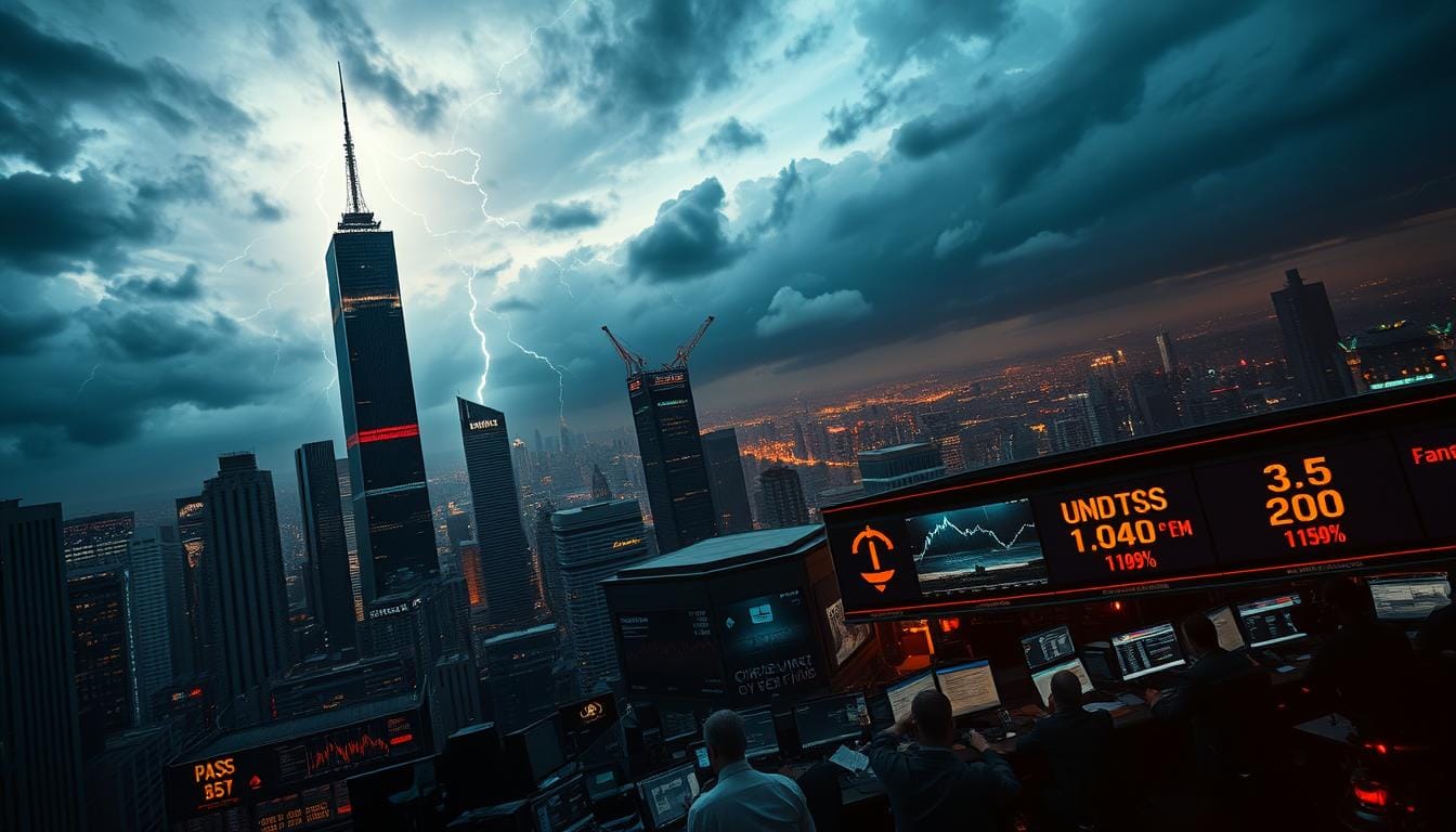 A high-contrast, cinematic landscape depicting the dynamic trends of global economic markets. In the foreground, a towering skyscraper skyline rises into a dramatic, moody sky, with lightning flashes illuminating the scene. In the middle ground, a turbulent stock exchange trading floor, with brokers frantically gesturing and data screens flashing. In the background, a panoramic view of various international financial hubs, their lights and movements reflecting the ebb and flow of economic forces. The image conveys a sense of power, volatility, and the ever-changing nature of modern markets, captured through a lens of vivid, high-impact realism. Top Stories may 3rd 2025