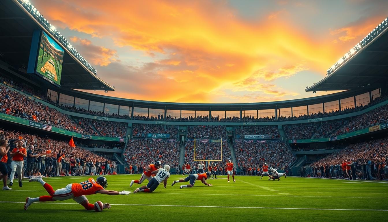 A high-energy sports arena on a sunny May evening, filled with roaring fans. In the foreground, dramatic plays unfold on the field - athletes in vibrant uniforms diving, leaping, and colliding as they compete for the championship title. Dramatic close-ups capture the tension and adrenaline of the moment, framed by towering scoreboard displays and floodlights casting a warm, cinematic glow. In the middle ground, a sea of spectators erupt in thunderous cheers, waving banners and flags to support their teams. The background shows the arena's sleek, modern architecture silhouetted against a vibrant sunset sky, hinting at the momentous sporting event unfolding within. Top Stories may 3rd 2025