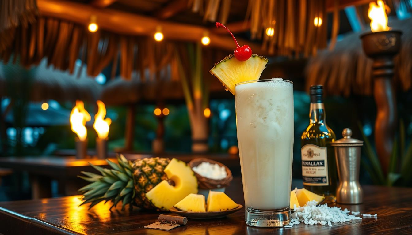 A lush tropical setting, a wooden tiki bar illuminated by the golden glow of tiki torches. On the bar, a tall glass filled with a creamy, foamy liquid, decorated with a pineapple wedge and a maraschino cherry. Nearby, fresh pineapple slices, shredded coconut, and a bottle of rum. The scene is captured through a wide-angle lens, highlighting the vibrant colors and textures of the ingredients. The overall mood is one of relaxation and island-inspired escapism, inviting the viewer to imagine themselves sipping on a refreshing Piña Colada on a balmy evening. How To Make The Perfect Piña Colada