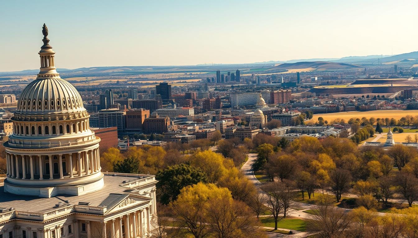 A panoramic view of the U.S. political landscape on a sunny spring day. In the foreground, the imposing domes and grand architecture of the U.S. Capitol building dominate the scene, symbolizing the seat of federal power. In the middle ground, a bustling city skyline with towering skyscrapers represents the diverse urban hubs that shape the nation's political discourse. The background features a rolling countryside dotted with small towns, reflecting the diverse geography and demographics that influence the voting patterns across the country. The lighting is crisp and warm, casting long shadows and highlighting the details of the architecture. The overall mood is one of dynamism and gravitas, capturing the weighty importance of the U.S. political process. Top Stories may 3rd 2025