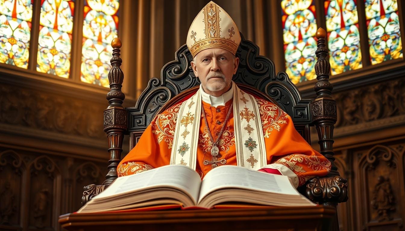 A portrait of Pope Robert Prevost, the first American Pope, seated on an ornate throne in a grand cathedral. He wears resplendent papal robes, his face serene and dignified. Intricate stained glass windows in the background cast warm, ethereal light, creating a contemplative atmosphere. In the foreground, a carved wooden lectern holds an open book, symbolizing Prevost's commitment to scholarship and his visionary leadership. The overall scene conveys a sense of historical significance, spiritual authority, and the profound impact of this revolutionary figure on the Catholic Church. Robert Prevost: The First American Pope