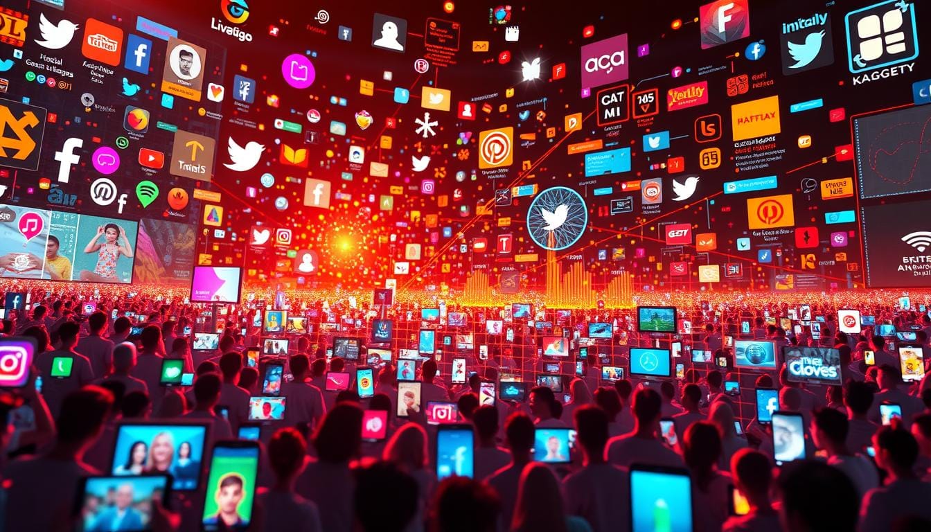 A vibrant, dynamic digital landscape showcasing the social media trends of May 3rd, 2025. In the foreground, a diverse array of virtual avatars, icons, and interactive displays capture the pulse of online engagement - from augmented reality filters to viral challenges and viral memes. In the middle ground, a sweeping panorama of interconnected social platforms, their logos and interfaces blending seamlessly. In the background, a shimmering data visualization of real-time analytics, heat maps, and trending topics, illuminating the ever-evolving digital zeitgeist. Warm, vivid lighting casts an energetic glow, while a subtle depth of field draws the viewer's eye through the layered, immersive scene. An exhilarating, forward-looking depiction of the social media landscape on the cusp of the future. Top Stories may 3rd 2025