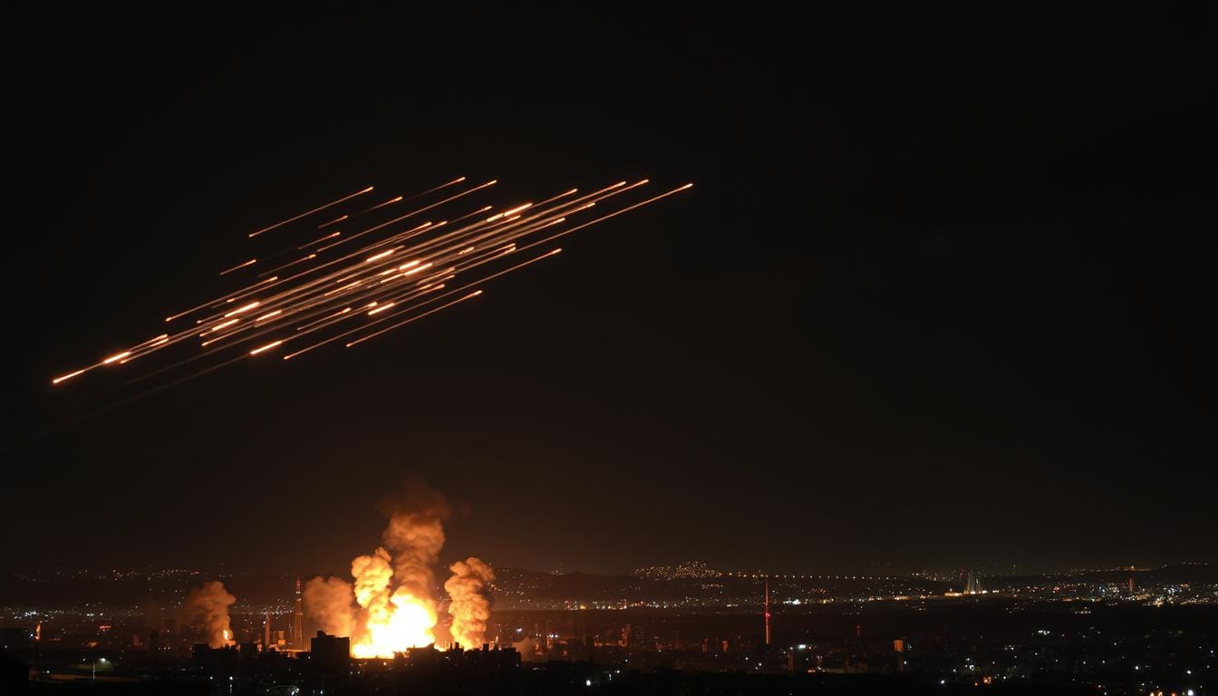 A dramatic nighttime scene of Israel under missile attack. In the foreground, a city skyline is illuminated by explosions, with plumes of smoke and fire. In the middle ground, a barrage of missiles streaks across the sky, trailing glowing contrails. In the background, an ominous dark cloud hangs over the horizon, hinting at the larger scale of the conflict. The scene is captured with a cinematic wide-angle lens, emphasizing the sense of scale and chaos. The lighting is high-contrast, with intense bursts of light from the explosions and missiles, casting dramatic shadows. The overall mood is tense, foreboding, and ominous, conveying the gravity of the situation. Iran Launches Missiles at Israel: Its Payback From Friday's Attack iran missiles israel attack news middle east conflict missile strikes in israel