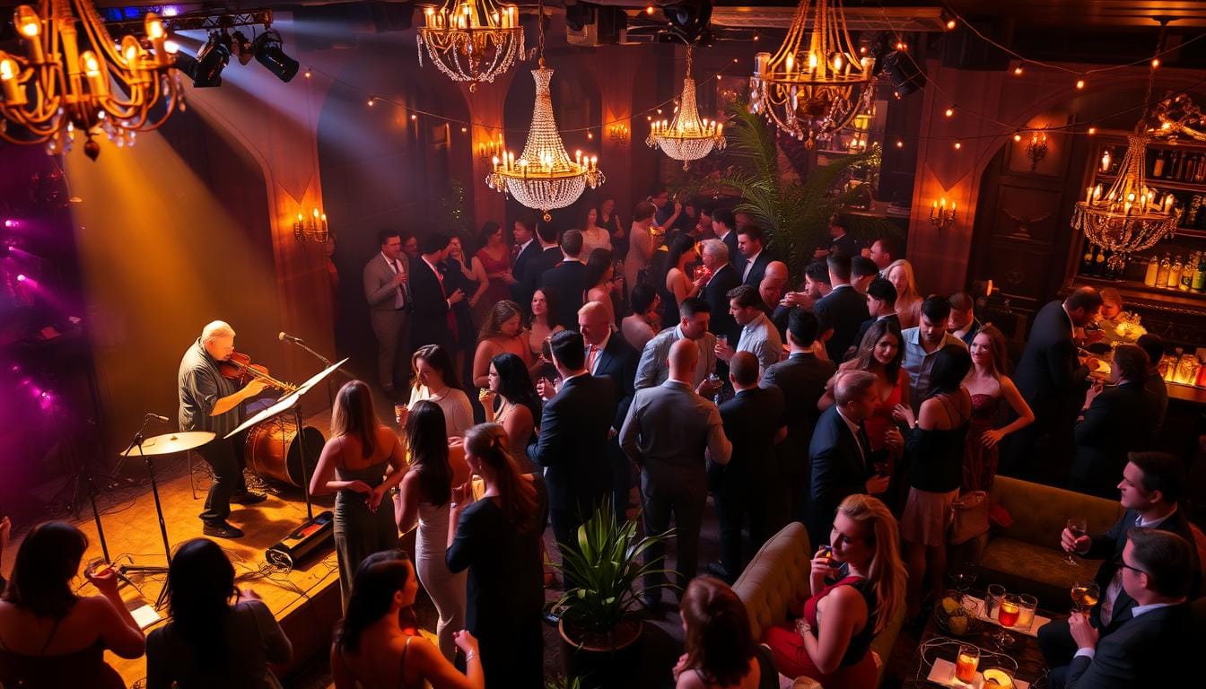 A lively cocktail party scene with a captivating live music performance in the foreground. A quintet of musicians playing a mix of jazz, blues, and soulful melodies on a dimly lit stage, bathed in warm, golden lighting. Guests mingling and swaying to the music, drinks in hand, under the soft glow of chandeliers and string lights. The middle ground features a diverse crowd of stylishly dressed partygoers, engaged in animated conversations. In the background, a sophisticated lounge setting with plush seating, potted plants, and a bar serving signature cocktails. The overall atmosphere exudes a sense of refined elegance, energy, and joie de vivre.