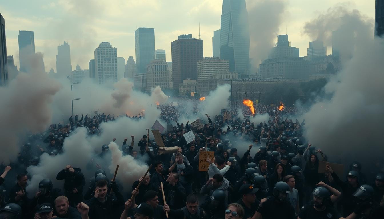 A vast cityscape shrouded in clouds of tear gas, as throngs of protesters march defiantly down the streets, clashing with heavily-armored riot police. In the foreground, a sea of determined faces, fists raised in solidarity, banners and signs held high. The middle ground is a blur of movement, police batons swinging, smoke grenades exploding. In the background, skyscrapers loom ominously, their windows dark and foreboding. The scene is lit by the flickering glow of burning barricades, casting an eerie, apocalyptic light over the chaos. The tension is palpable, the air electric with the energy of mass civil unrest. This is the nationwide protest response to the controversial ICE raids, a powerful visual representation of the turmoil gripping the nation. Rioting Erupts in Multiple States Over ICE Raids The Chaos is Spreading