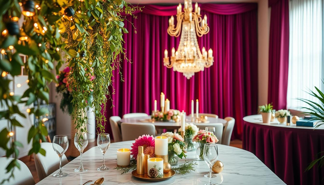 A vibrant array of party decorations set the mood for a chic cocktail event. In the foreground, elegant hanging garlands of fresh greenery and twinkling fairy lights create a warm, inviting ambiance. Scattered across a marble tabletop, an assortment of gold-rimmed glassware, candles, and small floral arrangements add refined touches. In the middle ground, a statement chandelier casts a soft, flattering glow, while the background features plush velvet curtains in a rich, jewel-toned hue. The overall scene exudes a sense of sophistication and celebration, perfectly complementing the "Cocktail Party Planning: Make Your Event Shine" theme.