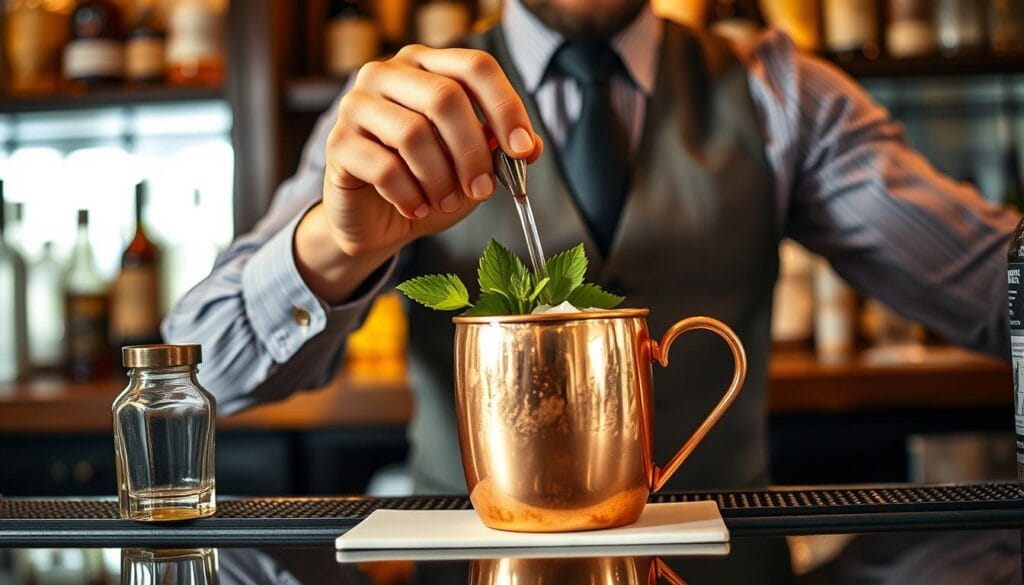 Bartender preparing a Moscow Mule with professional technique Bartender preparing a Moscow Mule with professional technique