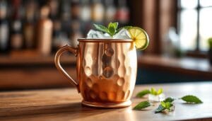 Classic Moscow Mule cocktail in copper mug with lime wedge and ice