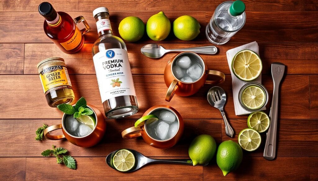 Complete Moscow Mule kit with copper mugs, vodka, ginger beer and fresh limes Complete Moscow Mule kit with copper mugs, vodka, ginger beer and fresh limes
