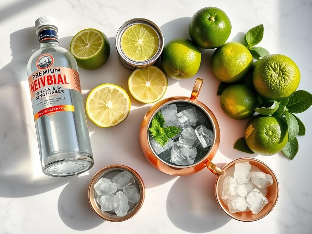 Moscow Mule ingredients laid out - vodka bottle, ginger beer, fresh limes, and copper mug Moscow Mule ingredients laid out - vodka bottle, ginger beer, fresh limes, and copper mug