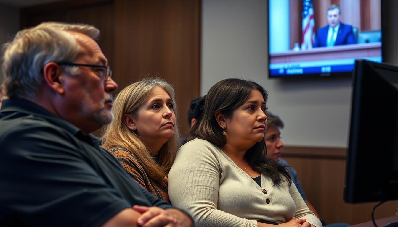 A family gathered around a television, their faces reflecting a range of emotions - shock, grief, anger, and disbelief. In the foreground, a mother covers her mouth, tears streaming down her cheeks, while a father clenches his fists in anguish. Their teenage children sit nearby, expressions ranging from horrified to somber. The dimly lit living room is bathed in a soft, mournful light, creating a palpable sense of unease and sadness. The scene conveys the profound impact of the news, the weight of the aftermath, and the complex web of reactions that follow a tragedy. Bryan Kohberger Sentencing