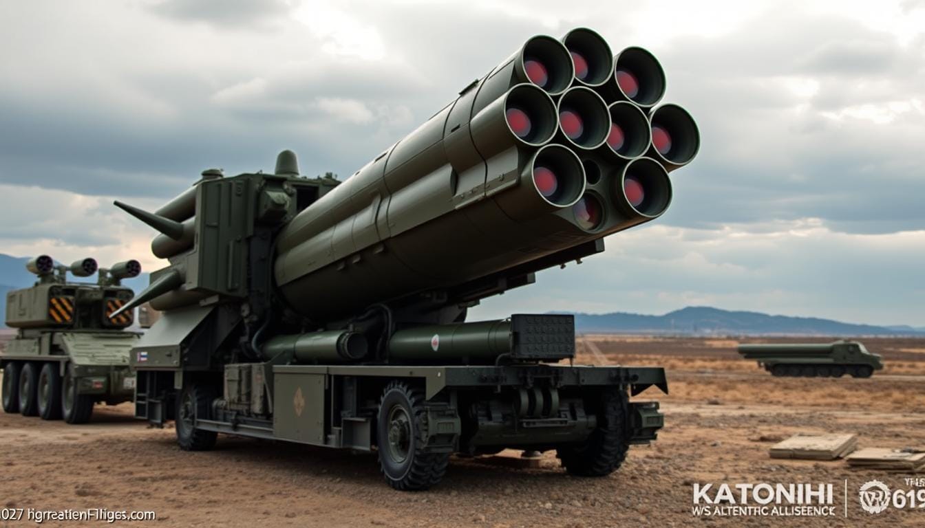 A state-of-the-art Russian intercontinental ballistic missile rises majestically against a cloudy sky, its sleek fuselage gleaming in the afternoon light. In the middle ground, a team of technicians in protective gear carefully monitors the sophisticated guidance systems, their faces set with intense concentration. In the background, a research and development facility bustles with activity, its angular architecture and high-security fencing conveying a sense of advanced military technology. The scene is imbued with a sense of power and technological prowess, reflecting the cutting edge of Russia's missile capabilities. Russian Nuclear Targets in the USA