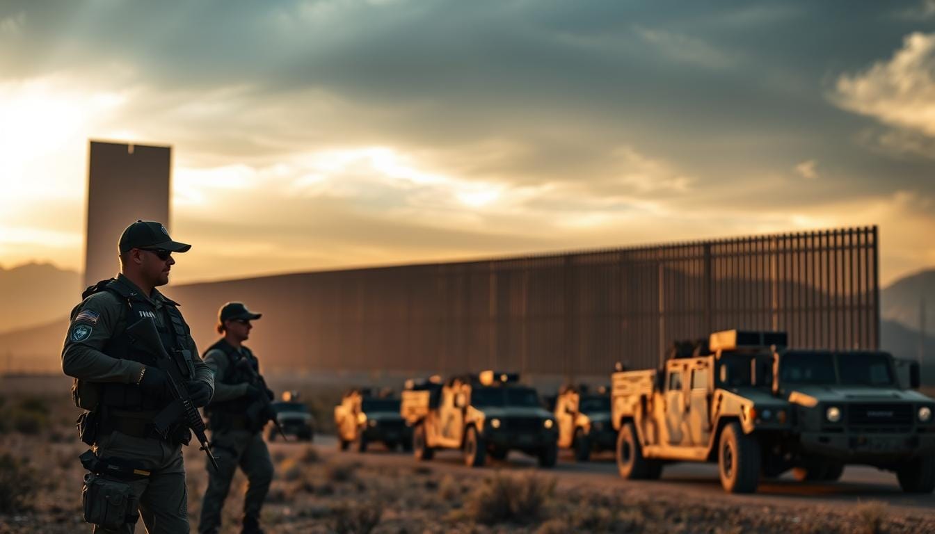 A towering border wall silhouetted against a dramatic sky, its imposing presence commanding the landscape. In the foreground, armed border patrol agents in tactical gear stand vigilant, their watchful gaze sweeping the horizon. In the middle ground, a fleet of military vehicles, their camouflage-painted hulls reflecting the fading daylight. The background is a hazy blur of desert scrub and distant mountains, lending a sense of isolation and remoteness to the scene. The overall mood is one of heightened security, with a palpable tension in the air, conveying the gravity and importance of the mission to secure the nation's borders. US Marines Assist ICE