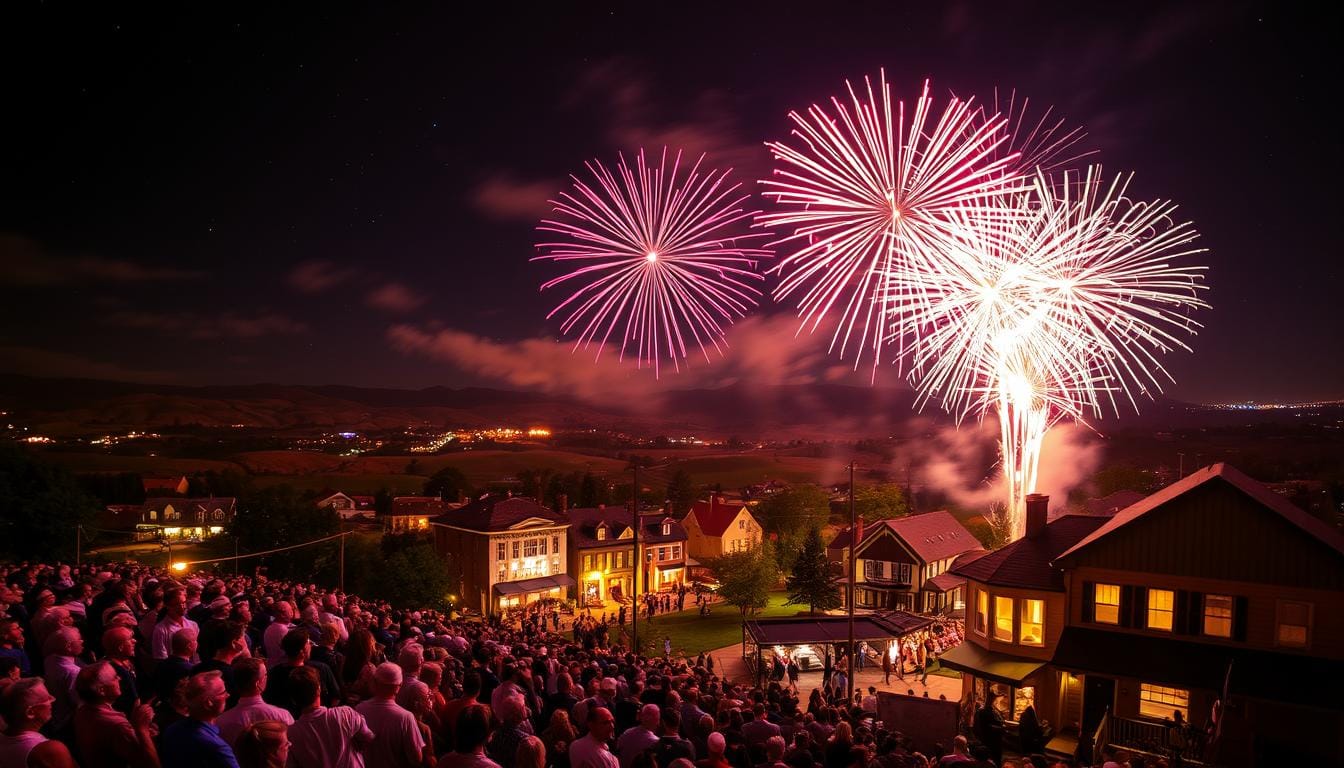 A vibrant nightscape of a 4th of July celebration, with a magnificent display of fireworks bursting in the sky above a lively town. In the foreground, crowds of people gather, their faces illuminated by the colorful explosions. The middle ground features a town square with quaint historic buildings, their windows aglow. In the background, rolling hills and a starry sky provide a serene contrast to the dazzling pyrotechnics. The scene is captured with a wide-angle lens, emphasizing the grand scale and festive atmosphere of this beloved American tradition. Warm, golden lighting casts a celebratory glow, evoking the spirit of independence and community.