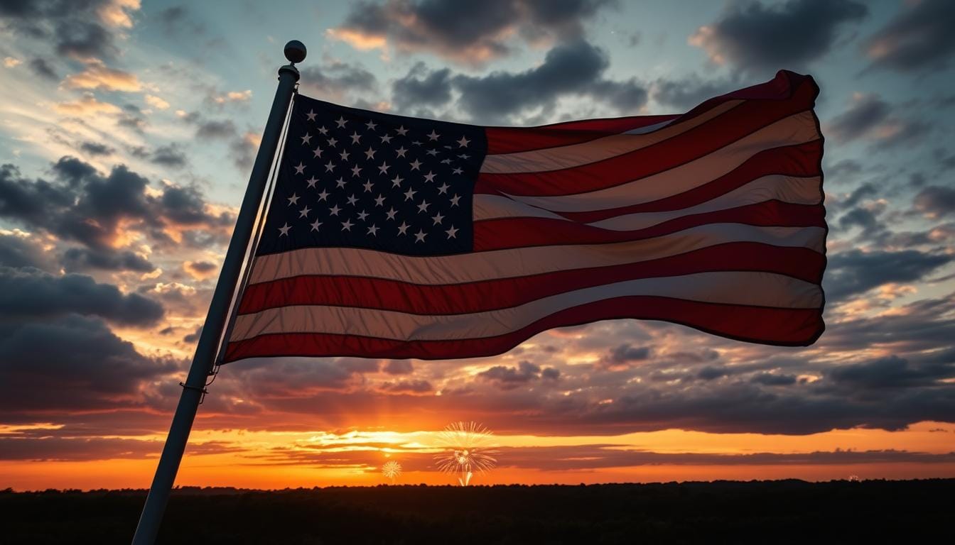 American flag waving against sunset sky on 4th of July American flag waving against sunset sky on 4th of July