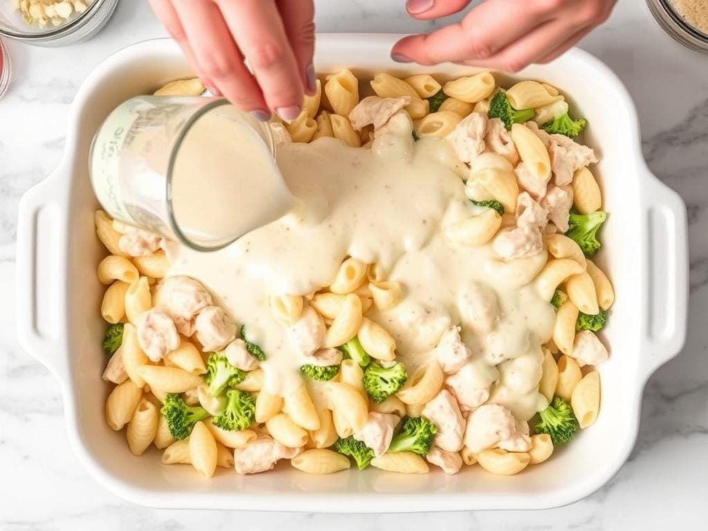 Assembling Chicken Alfredo Pasta Bake in a casserole dish Assembling Chicken Alfredo Pasta Bake in a casserole dish