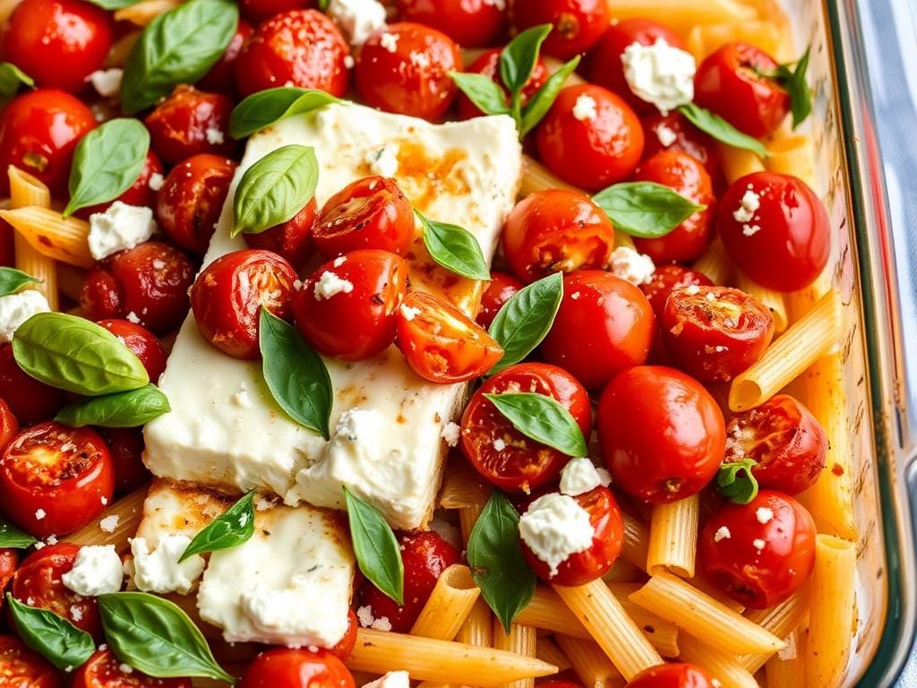 Baked Feta Pasta with cherry tomatoes in a baking dish Baked Feta Pasta with cherry tomatoes in a baking dish