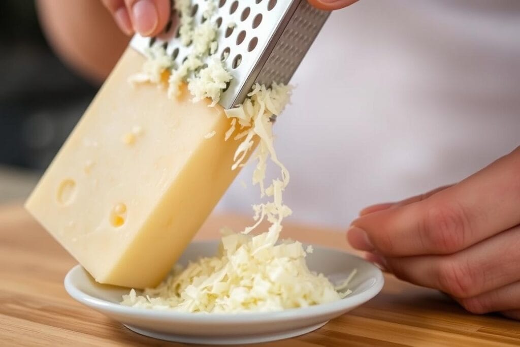 Chef grating fresh Parmesan cheese for Chicken Alfredo Pasta Bake Chef grating fresh Parmesan cheese for Chicken Alfredo Pasta Bake