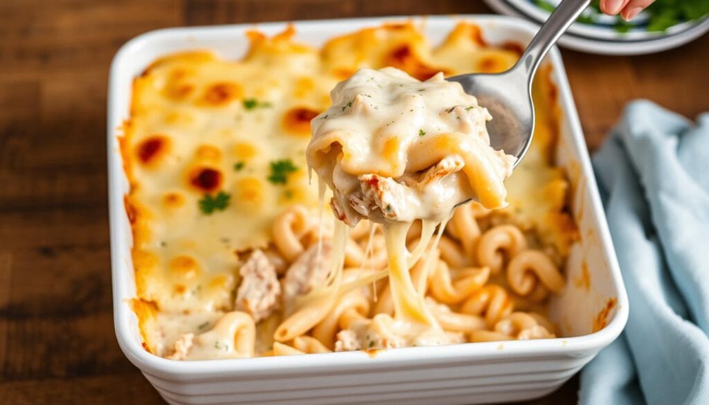 Chicken Alfredo Pasta Bake with golden cheese crust in a white casserole dish