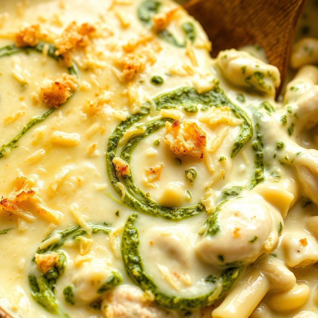 Chicken Alfredo Pasta Bake with pesto swirl Chicken Alfredo Pasta Bake with pesto swirl
