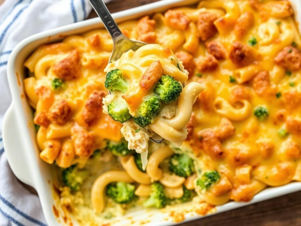 Chicken Broccoli Pasta Bake with golden cheese topping Chicken Broccoli Pasta Bake with golden cheese topping