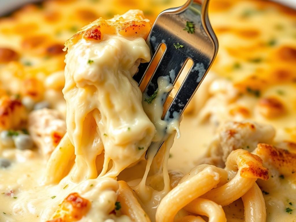 Close-up of Chicken Alfredo Pasta Bake showing creamy texture and melted cheese Close-up of Chicken Alfredo Pasta Bake showing creamy texture and melted cheese