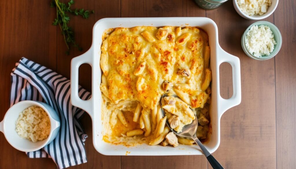 Completed Chicken Alfredo Pasta Bake in a serving dish ready to eat Completed Chicken Alfredo Pasta Bake in a serving dish ready to eat