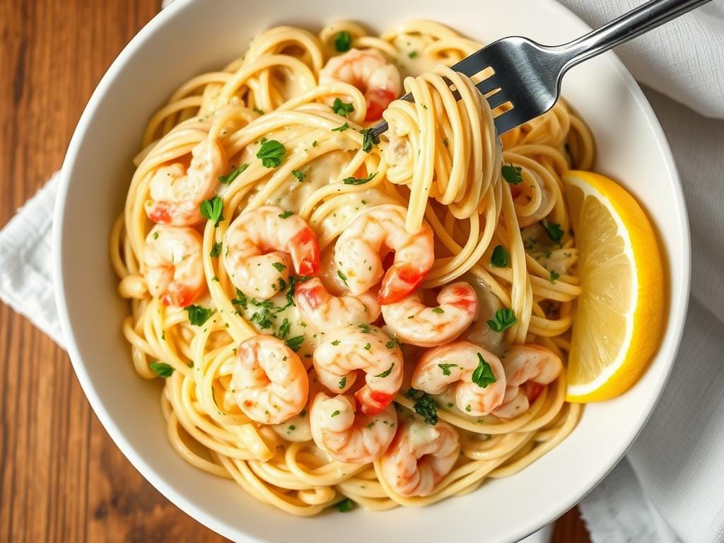 Creamy Garlic Shrimp Pasta in a white bowl Creamy Garlic Shrimp Pasta in a white bowl