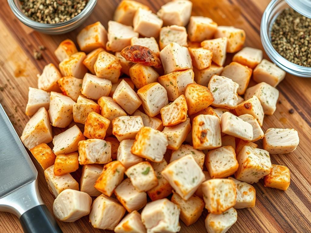 Diced cooked chicken for Chicken Alfredo Pasta Bake Diced cooked chicken for Chicken Alfredo Pasta Bake