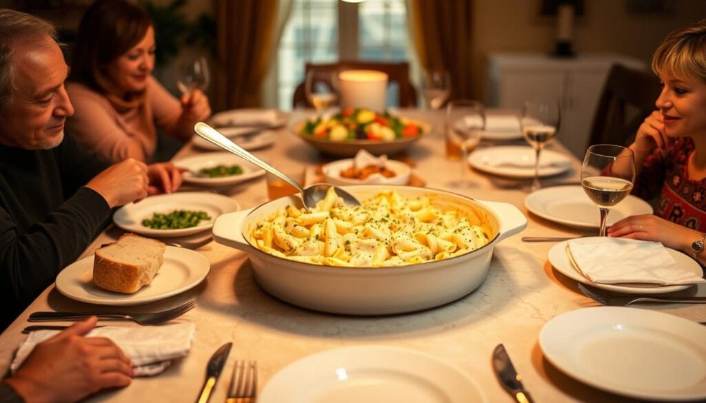 Family dinner table with Chicken Alfredo Pasta Bake as the centerpiece Family dinner table with Chicken Alfredo Pasta Bake as the centerpiece
