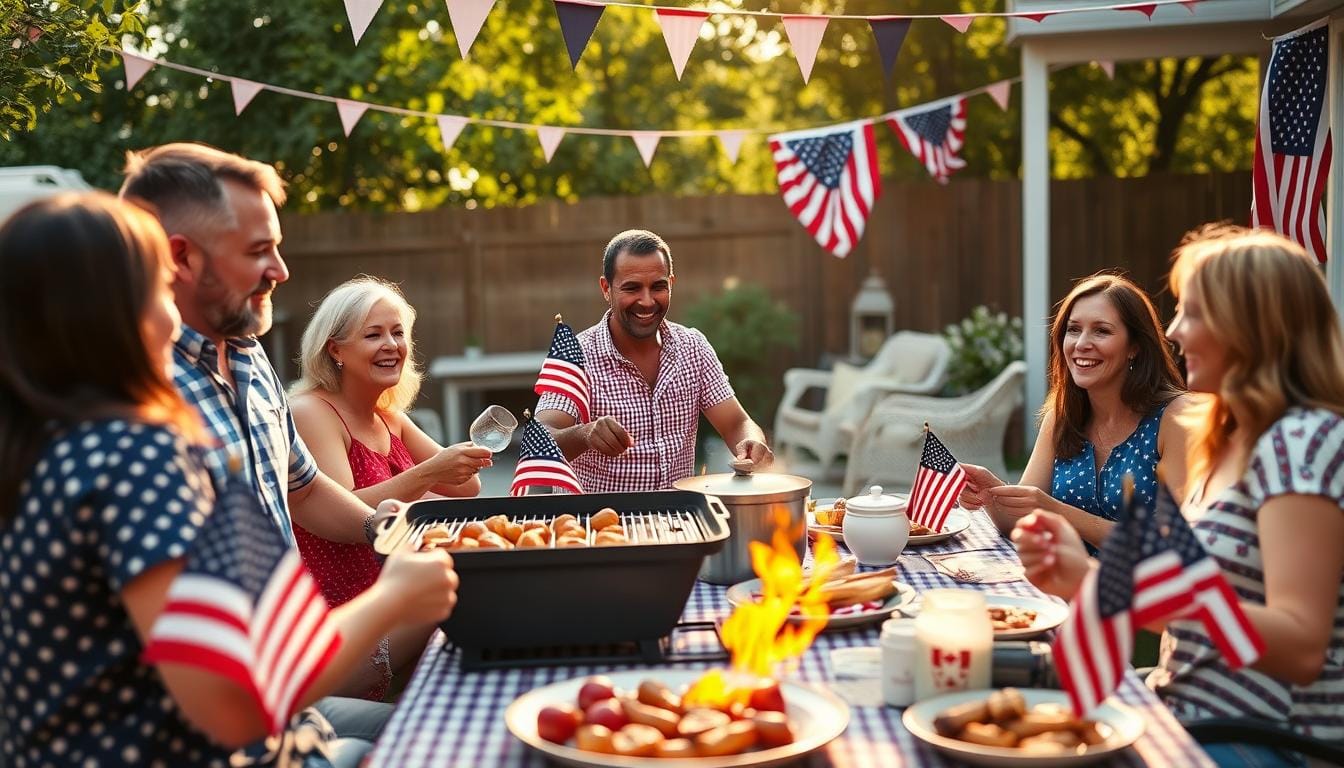 Family enjoying a 4th of July barbecue with American flags 4th of July