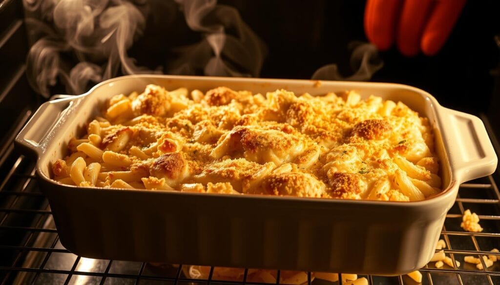 Finished Chicken Alfredo Pasta Bake fresh from the oven with golden cheese crust Finished Chicken Alfredo Pasta Bake fresh from the oven with golden cheese crust