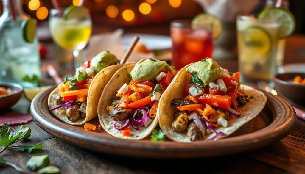 Finished plate of Vegetarian Tacos with Avocado Crema ready to be enjoyed