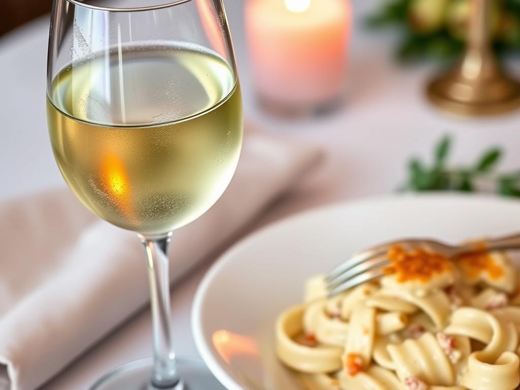 Glass of white wine paired with Chicken Alfredo Pasta Bake Glass of white wine paired with Chicken Alfredo Pasta Bake