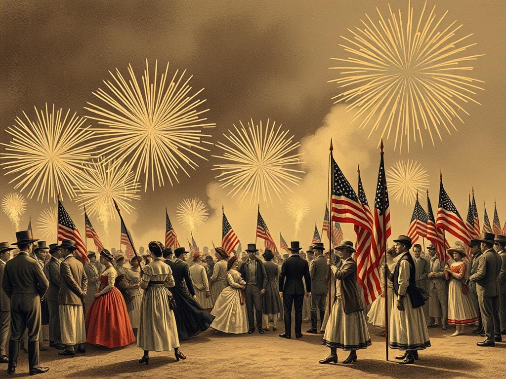Historical 4th of July celebration with fireworks and American flags Historical 4th of July celebration with fireworks and American flags
