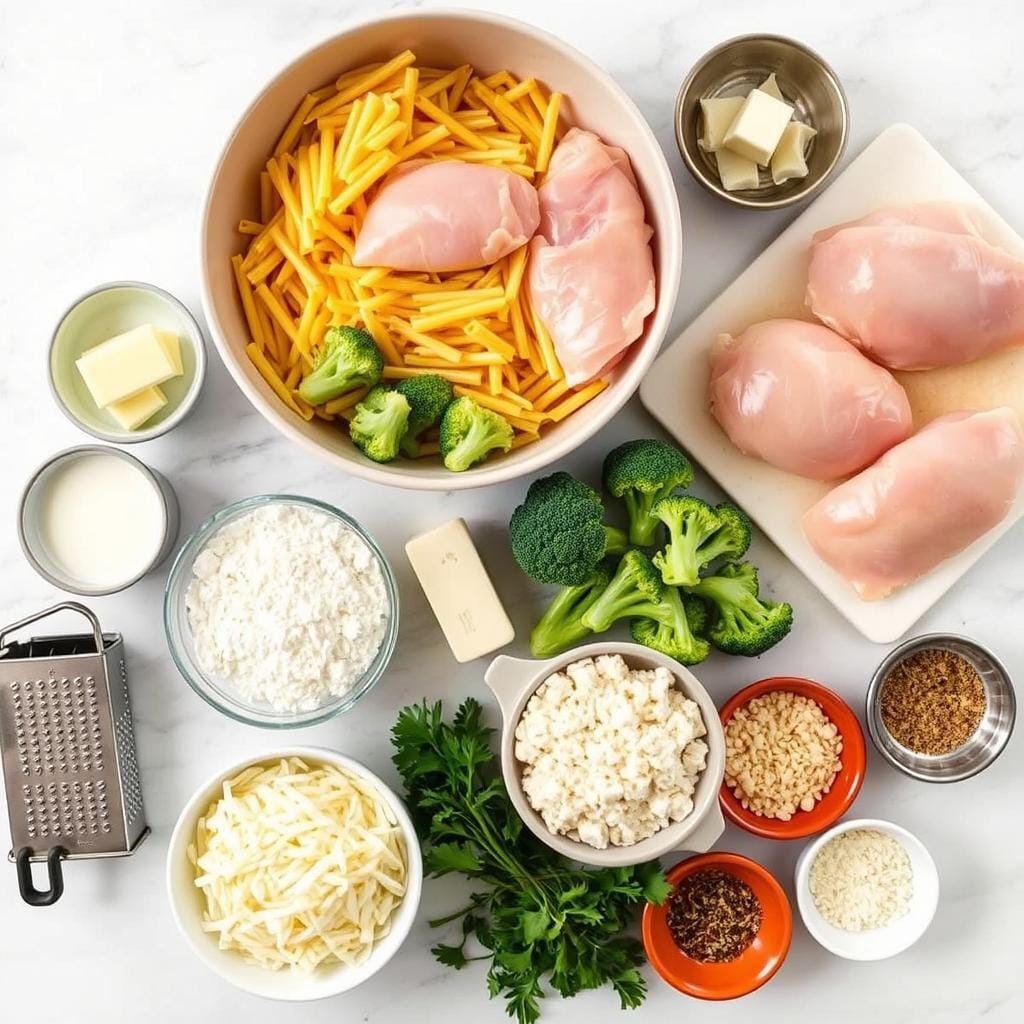 Ingredients for Chicken Alfredo Pasta Bake laid out on a kitchen counter Ingredients for Chicken Alfredo Pasta Bake laid out on a kitchen counter
