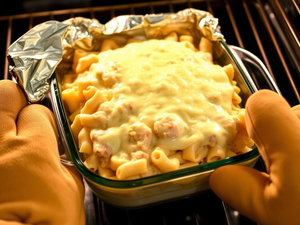 Leftover Chicken Alfredo Pasta Bake being reheated in the oven Leftover Chicken Alfredo Pasta Bake being reheated in the oven