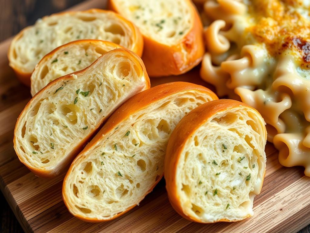 Sliced garlic bread served alongside Chicken Alfredo Pasta Bake Sliced garlic bread served alongside Chicken Alfredo Pasta Bake