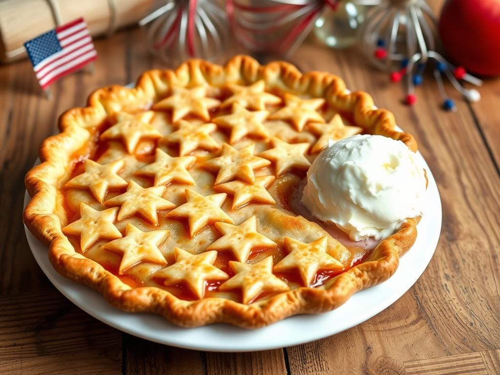 Traditional American apple pie with stars and stripes crust design 4th of July