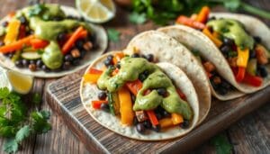 Vegetarian Tacos with Avocado Crema served on a plate with lime wedges