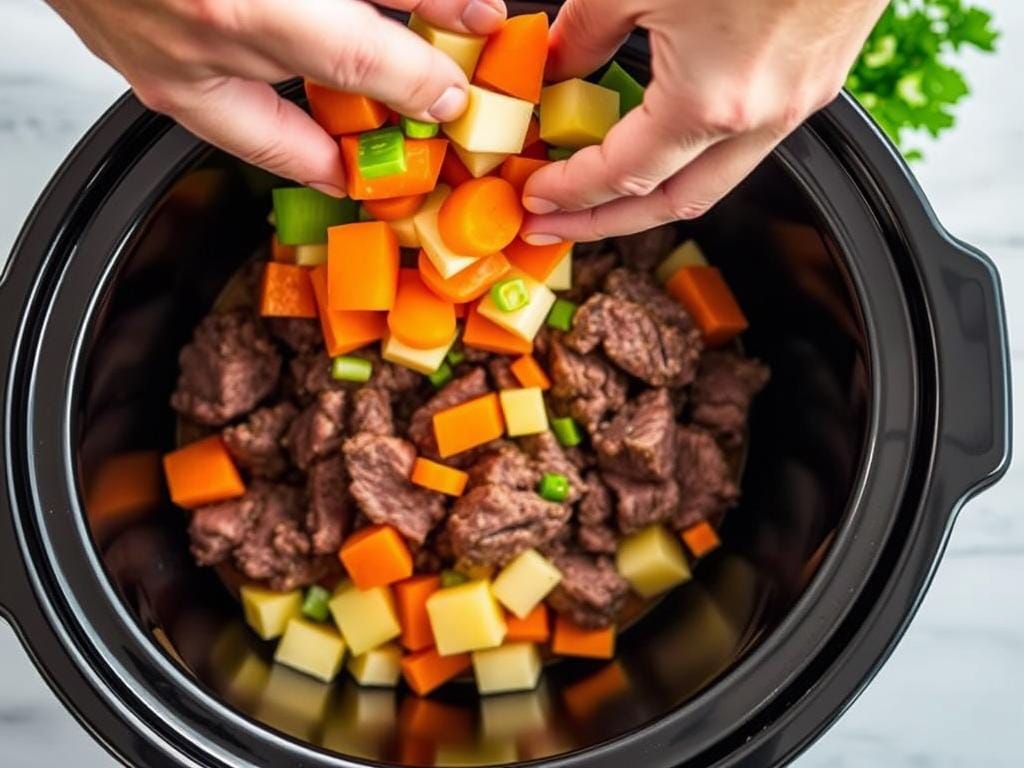 Adding vegetables to the slow cooker for Beef Stew Adding vegetables to the slow cooker for Beef Stew